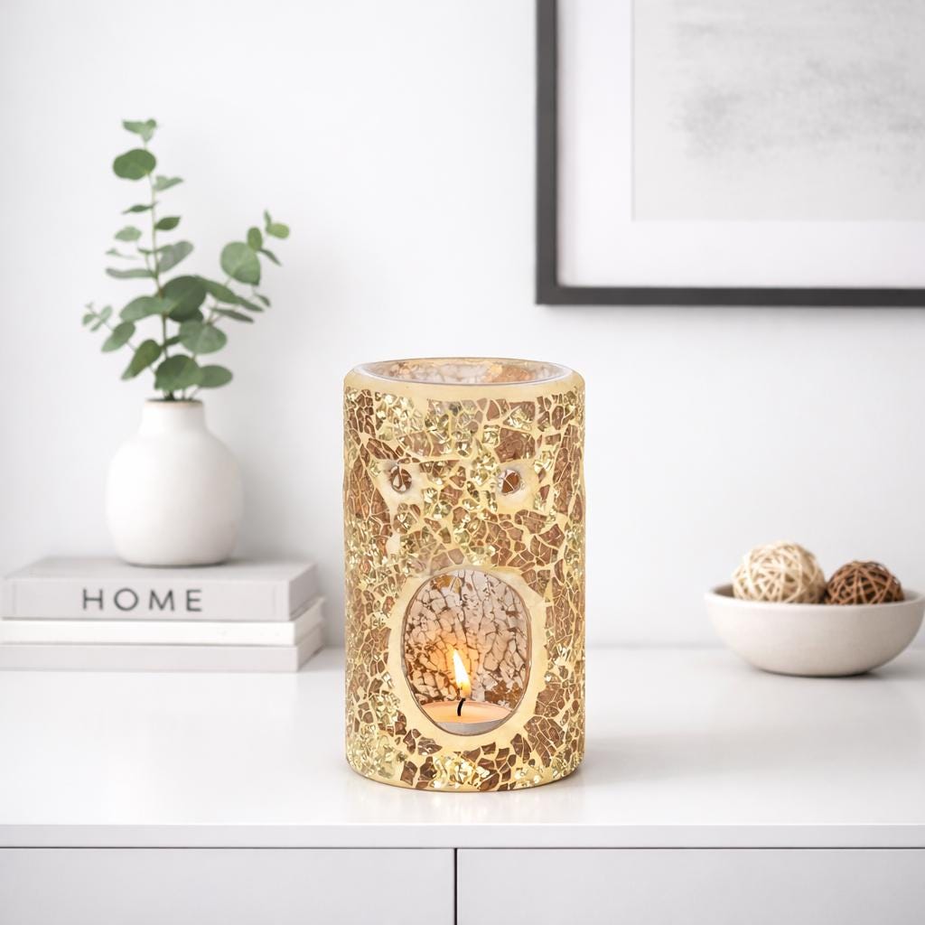 Gold Pillar Crackle Glass Oil Burner | Mosaic Wax Warmer