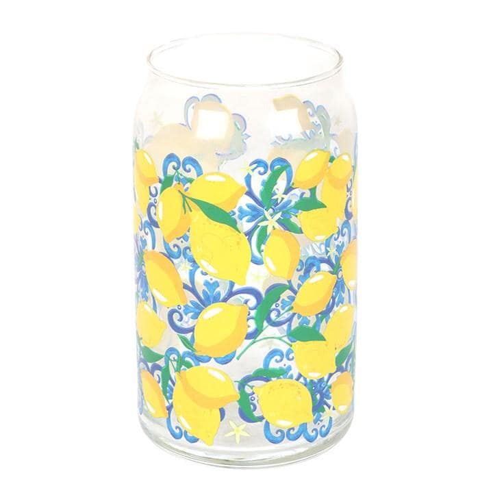 Lemon Print Can Style Glass, Summer Citrus Cup, Italian Kitchen Decor, Iced Coffee Glass