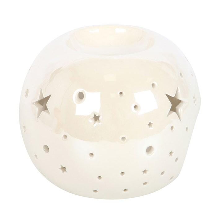 White Iridescent Star Oil Burner & Wax Melter | Ceramic Wax Warmer with Cut-Out Stars | Relaxing Aromatherapy Gift