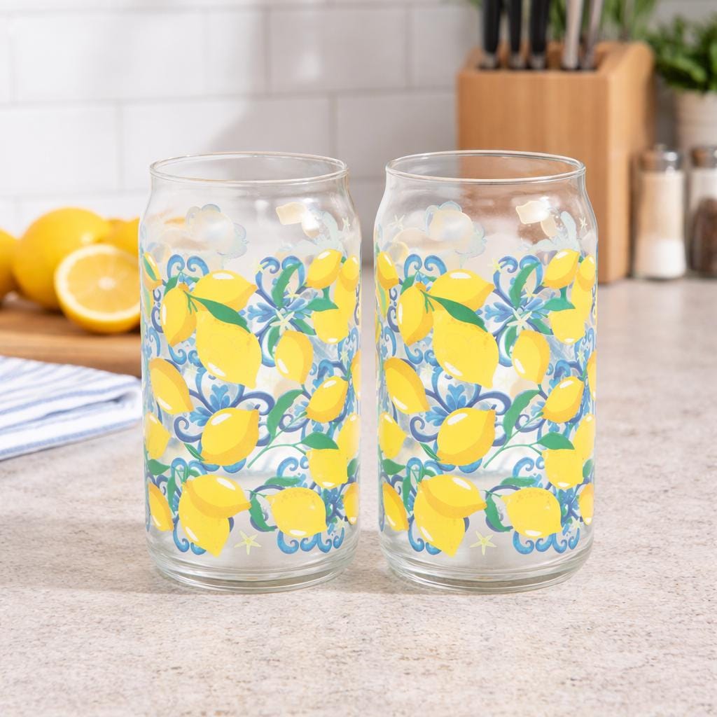 Pair of Lemon Print Can Glasses, Citrus Drinkware, Iced Coffee Glass Set, Summer Kitchen Glass Cups