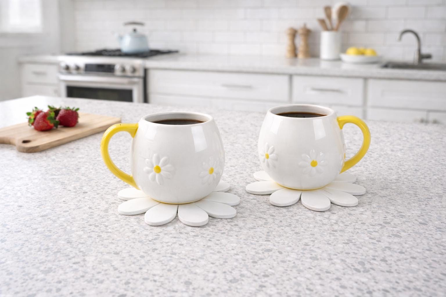 Set of 2 Daisy Rounded Mugs with Free Matching Coasters, Giftable, Spring Kitchen Decor