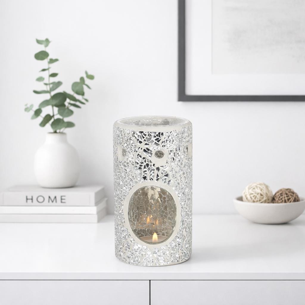 Silver Crackle Glass Oil Burner | Mosaic Wax Warmer