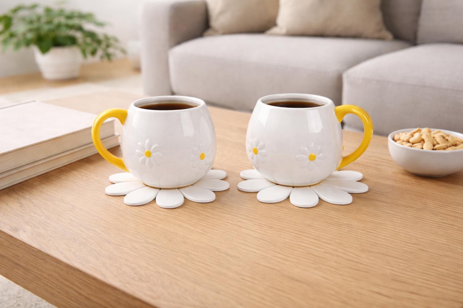 Set of 2 Daisy Rounded Mugs with Free Matching Coasters, Giftable, Spring Kitchen Decor