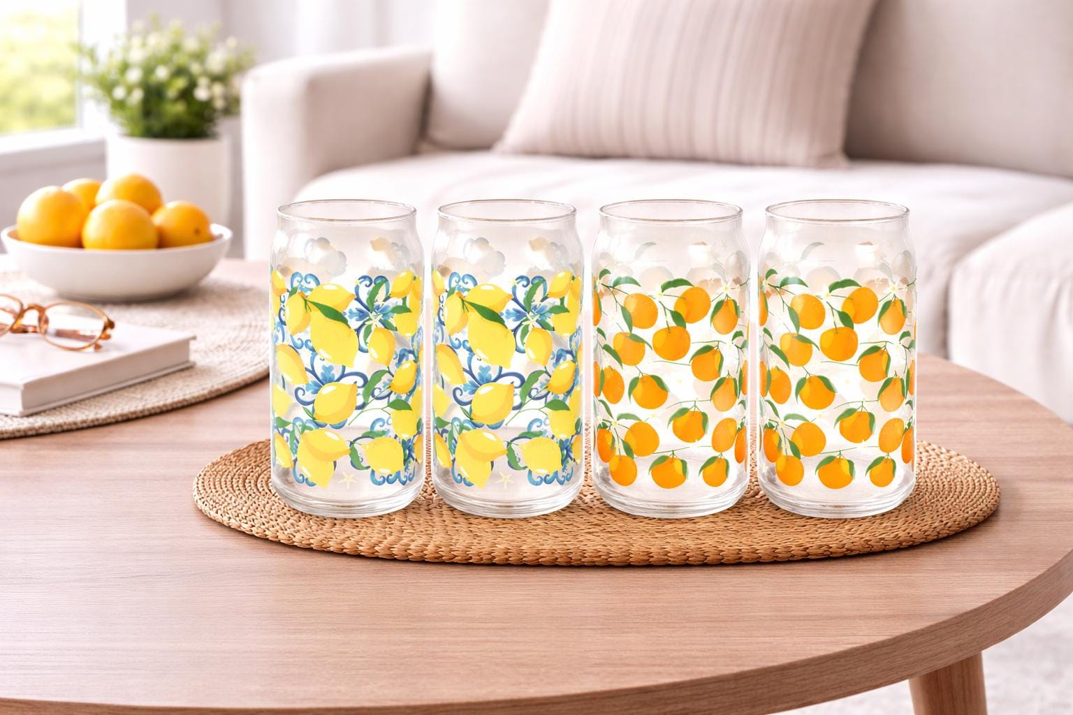 Set of 4 Citrus Can Shaped Glasses, Lemon & Orange Print Glass Set, Summer Drinkware