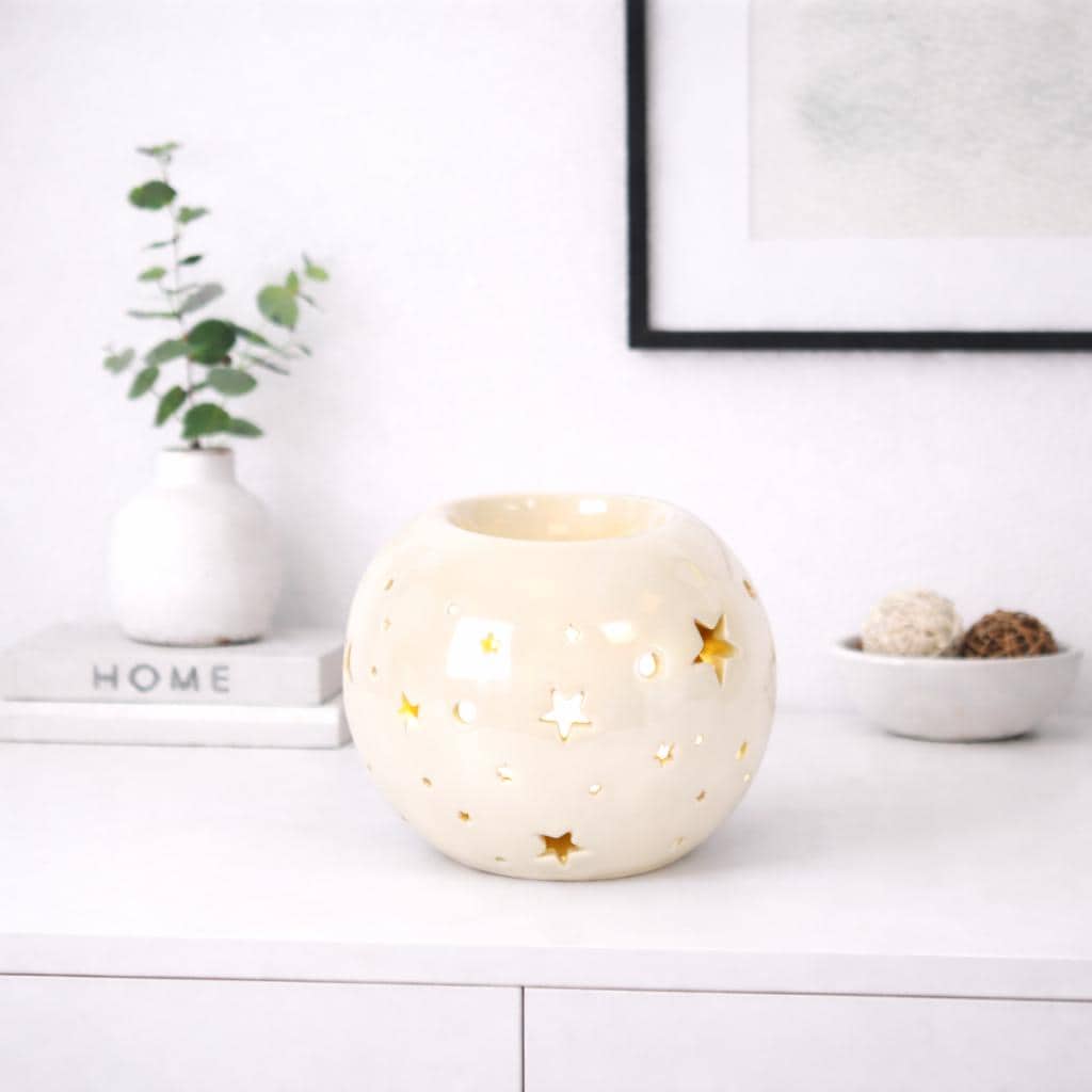 White Iridescent Star Oil Burner & Wax Melter | Ceramic Wax Warmer with Cut-Out Stars | Relaxing Aromatherapy Gift