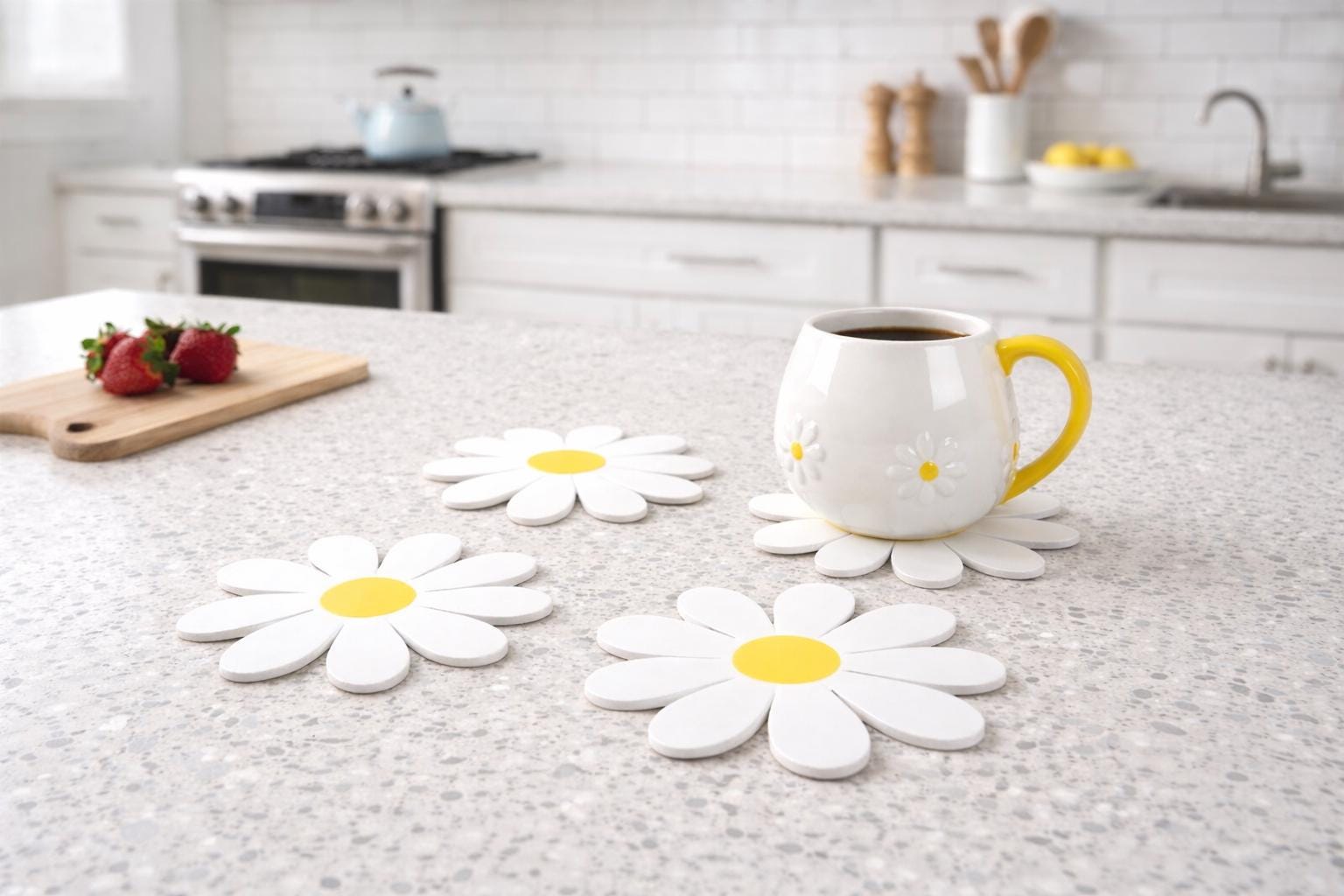 Set of 4 Daisy Coasters, Floral Drink Coasters, Cottage Kitchen Accessories, Spring Home Gift