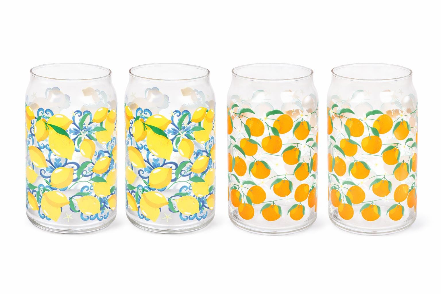 Set of 4 Citrus Can Shaped Glasses, Lemon & Orange Print Glass Set, Summer Drinkware
