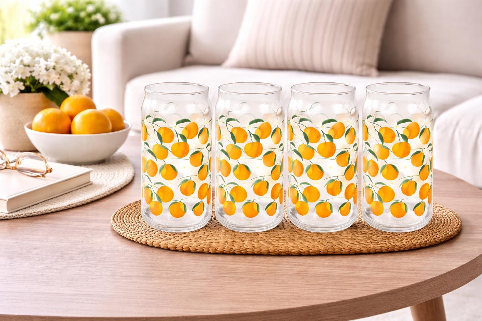 Set of 4 Orange Print Can Glasses, Citrus Drinkware, Summer Iced Coffee Cups