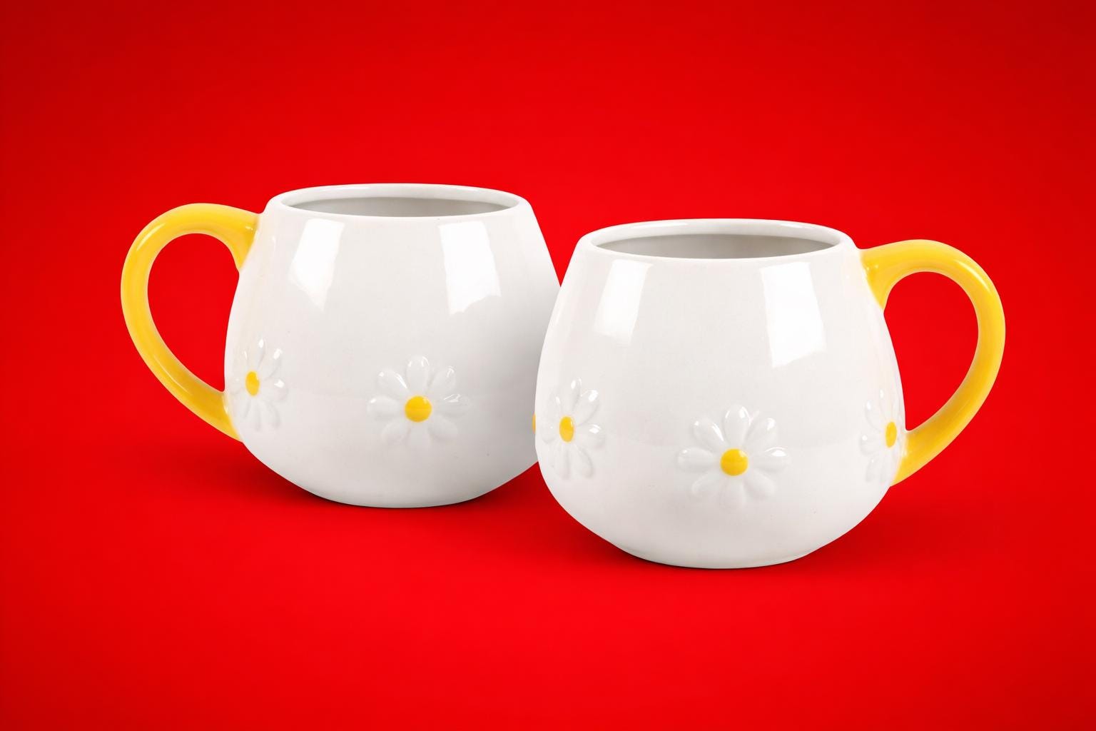 Set of 2 Daisy Rounded Mugs with Free Matching Coasters, Giftable, Spring Kitchen Decor