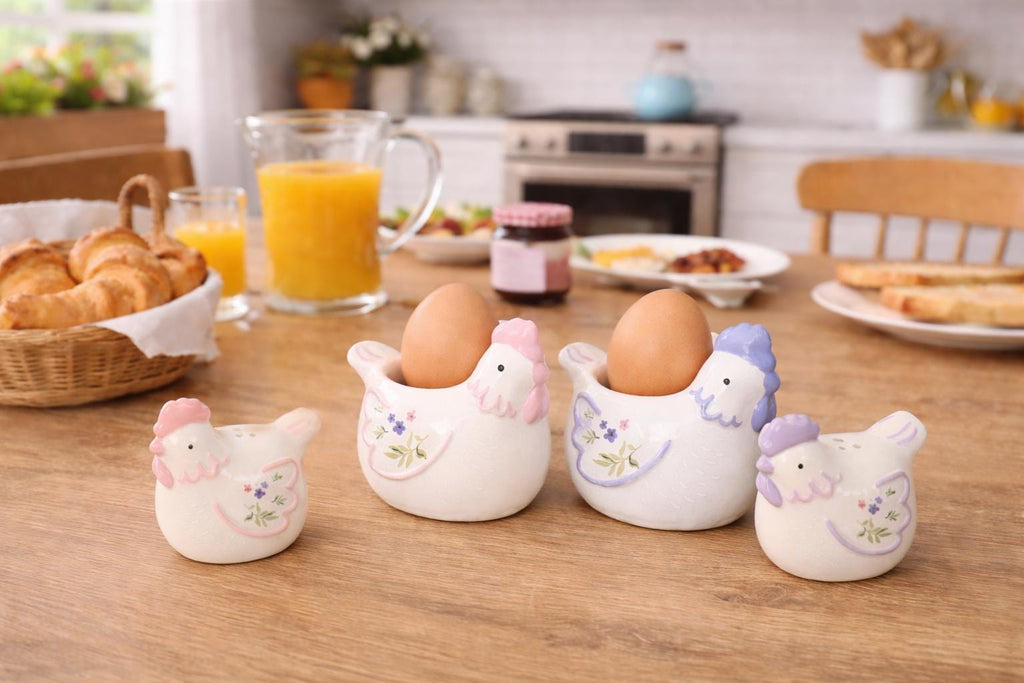 Ceramic Hen Egg Cups & Salt and Pepper Shakers Set, Farmhouse Breakfast Tableware, Kitchen Gift