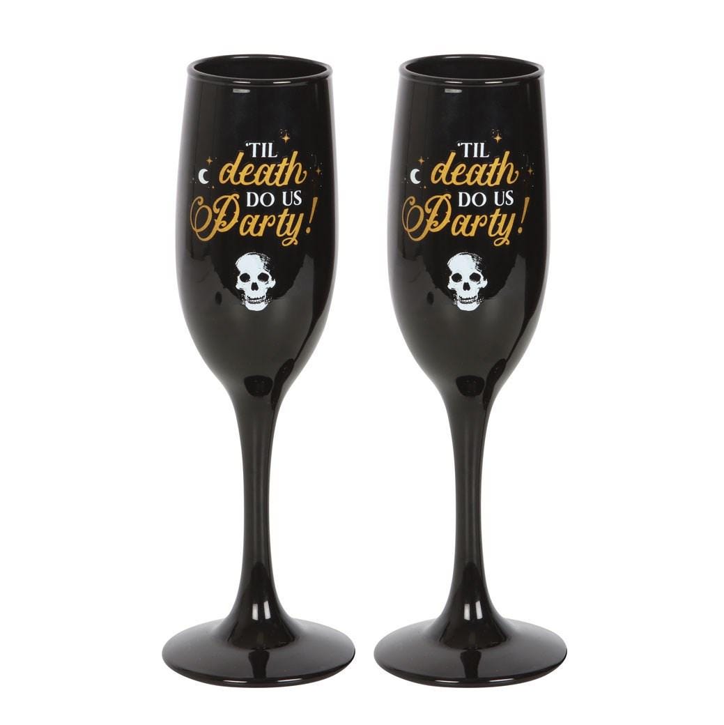 Til Death Do Us Party Glassware Gift Set | Champagne Flutes Wine Glasses & Skull Shot Glasses