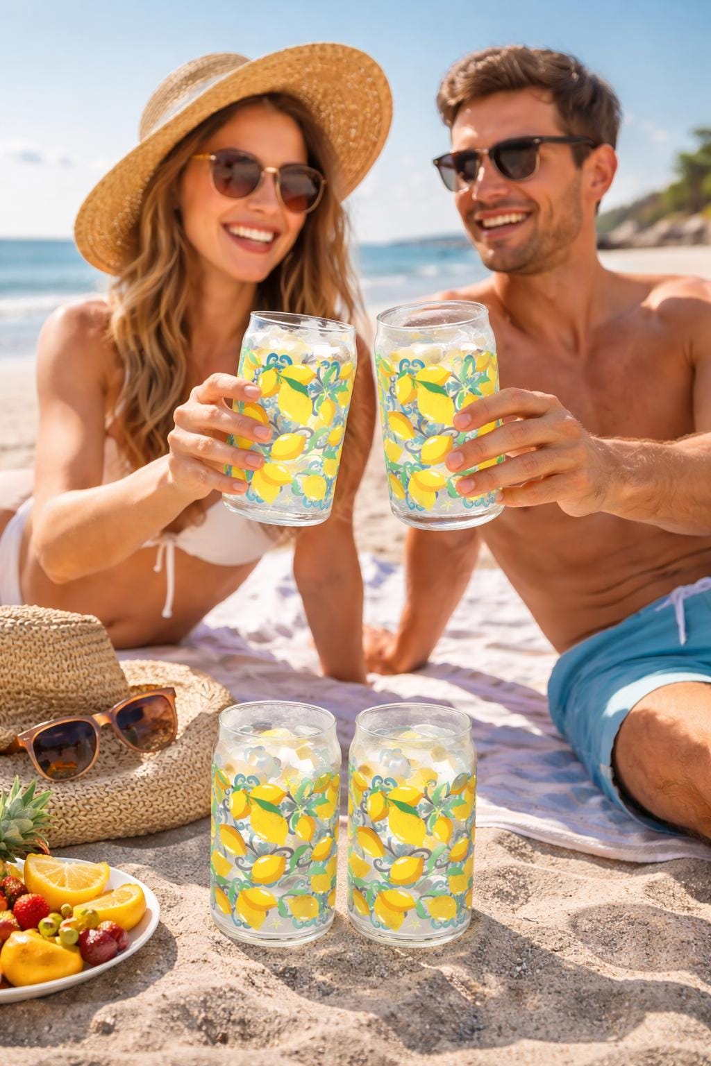 Set of 4 Lemon Print Can Glasses, Citrus Drinkware, Summer Iced Coffee Cups