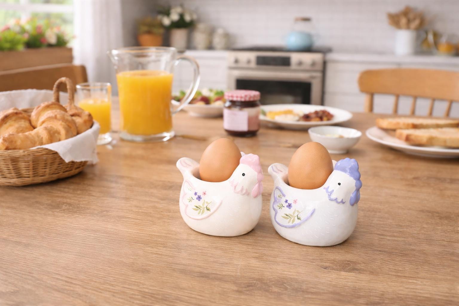 Pair of Ceramic Hen Egg Cups, Chicken Egg Holders, Farmhouse Breakfast Tableware, Kitchen Decor