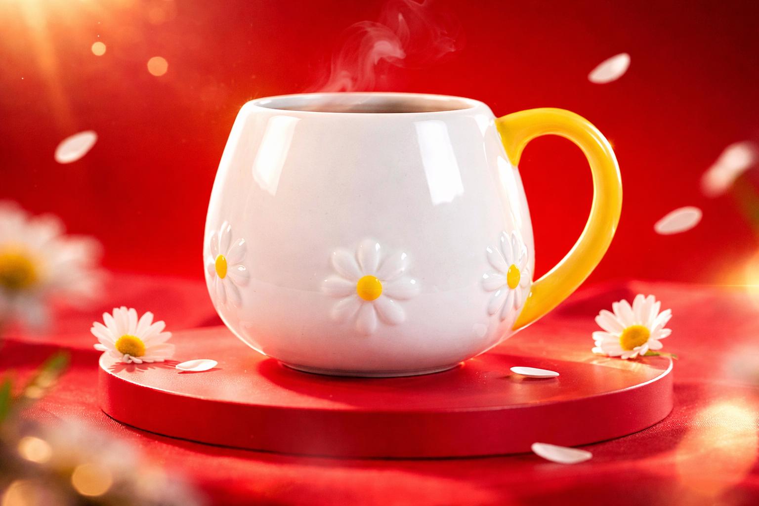 Ceramic Daisy Rounded Mug with Yellow Handle & Free Matching Coaster