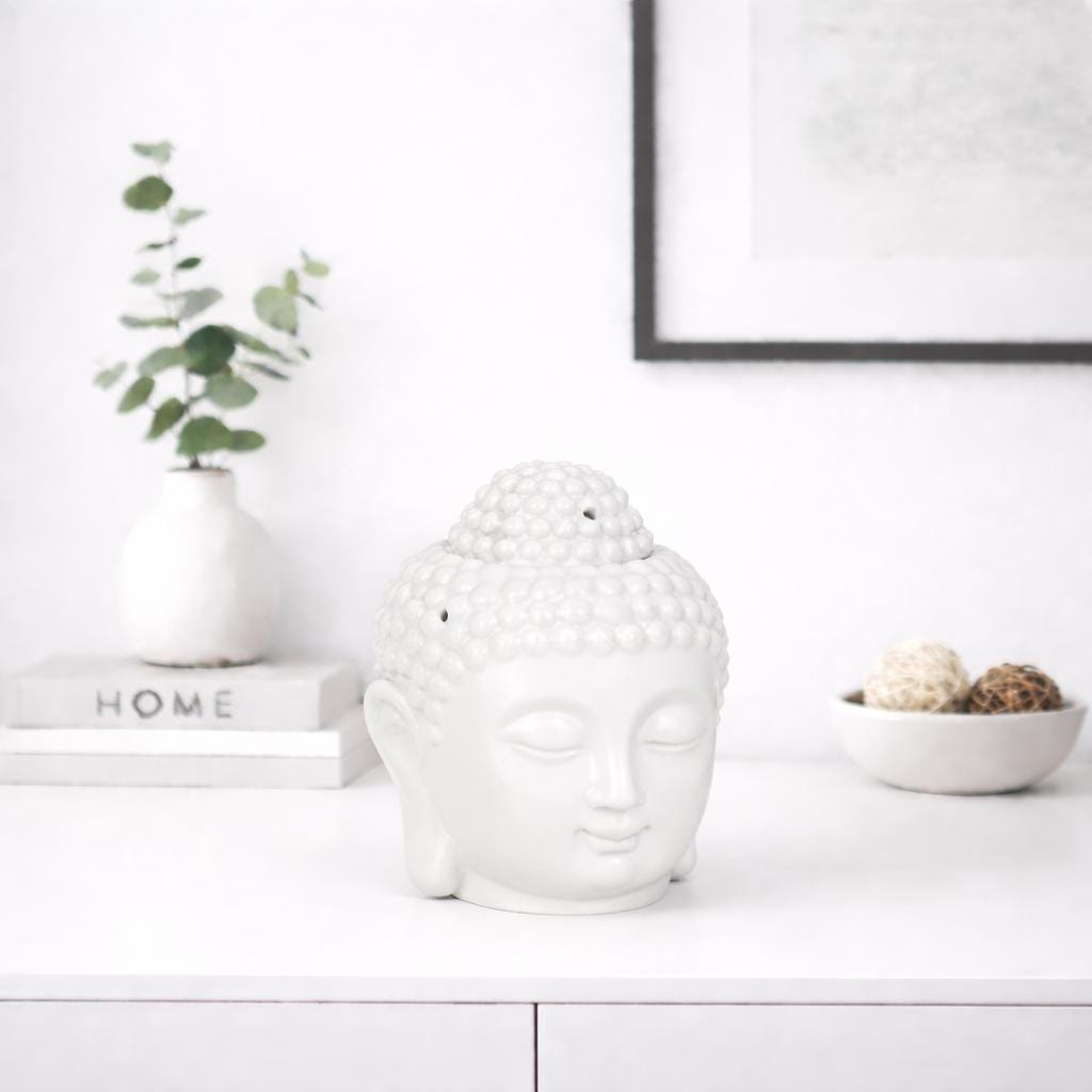 White Ceramic Buddha Head Oil & Wax Burner   | Meditation Decor Gift