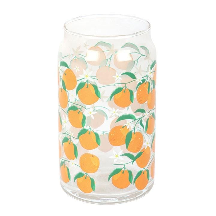 Orange Print Can Style Glass, Summer Orange Cup, Citrus Kitchen Decor, Iced Coffee Glass
