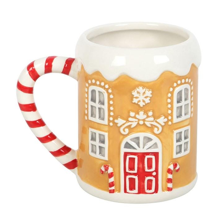 Gingerbread House Mug with Candy Cane Handle • Christmas Ceramic Mug • Festive Winter Drinkware
