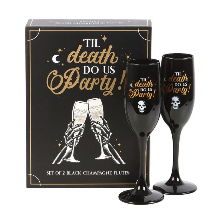 Til death do us party black and gold champagne flutes - Twin pack