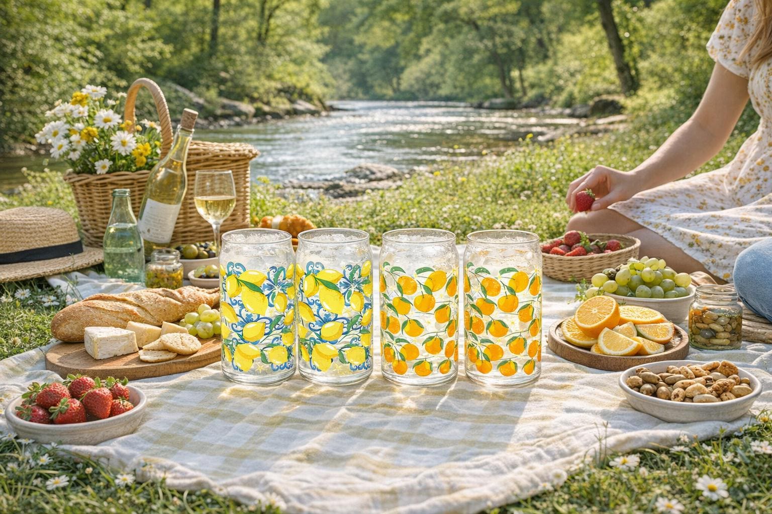 Set of 4 Citrus Can Shaped Glasses, Lemon & Orange Print Glass Set, Summer Drinkware