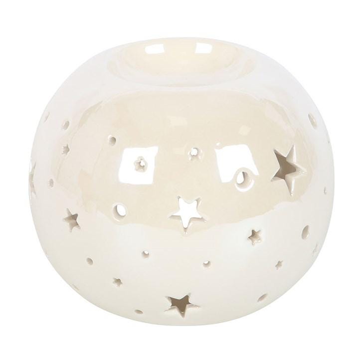 White Iridescent Star Oil Burner & Wax Melter | Ceramic Wax Warmer with Cut-Out Stars | Relaxing Aromatherapy Gift