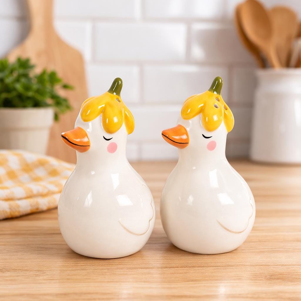 Daisy and Duck Ceramic Salt & Pepper Shakers Set, Farmhouse Kitchen Gift