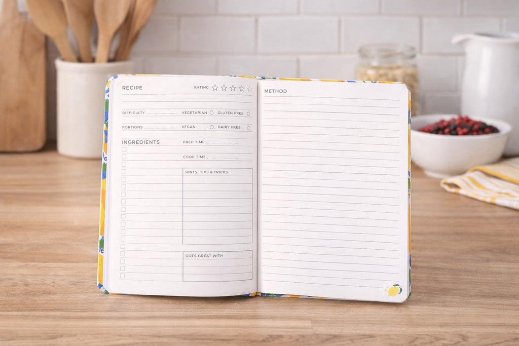 Italian Lemon Print A5 Recipe Journal, Mediterranean Kitchen Notebook, Food Lover Gift