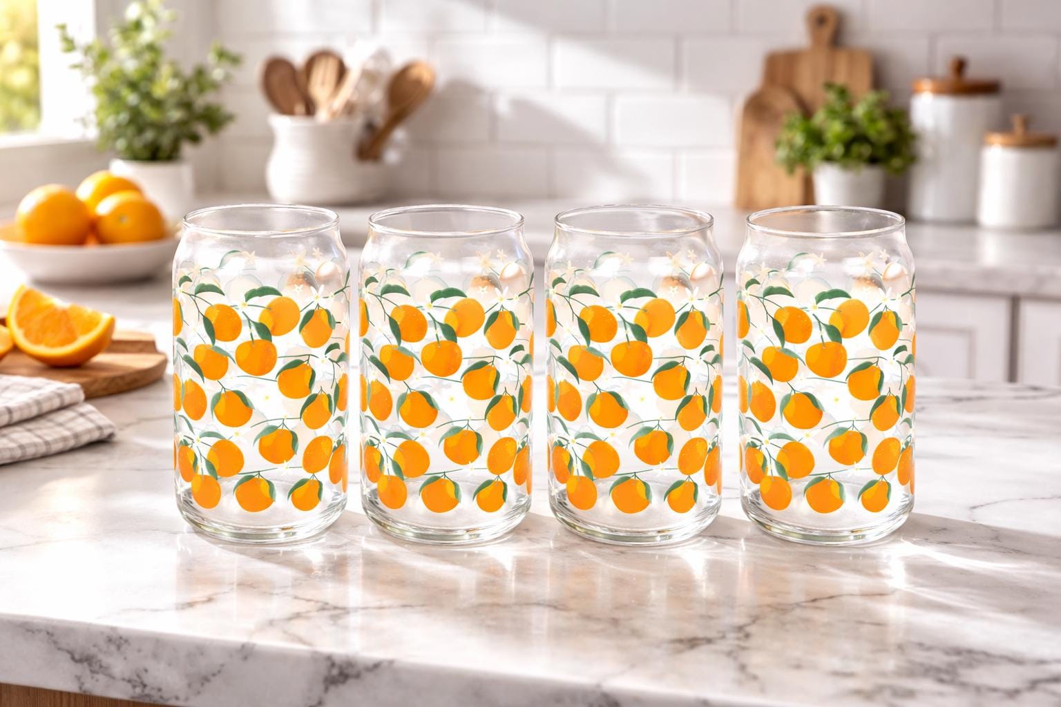 Set of 4 Orange Print Can Glasses, Citrus Drinkware, Summer Iced Coffee Cups