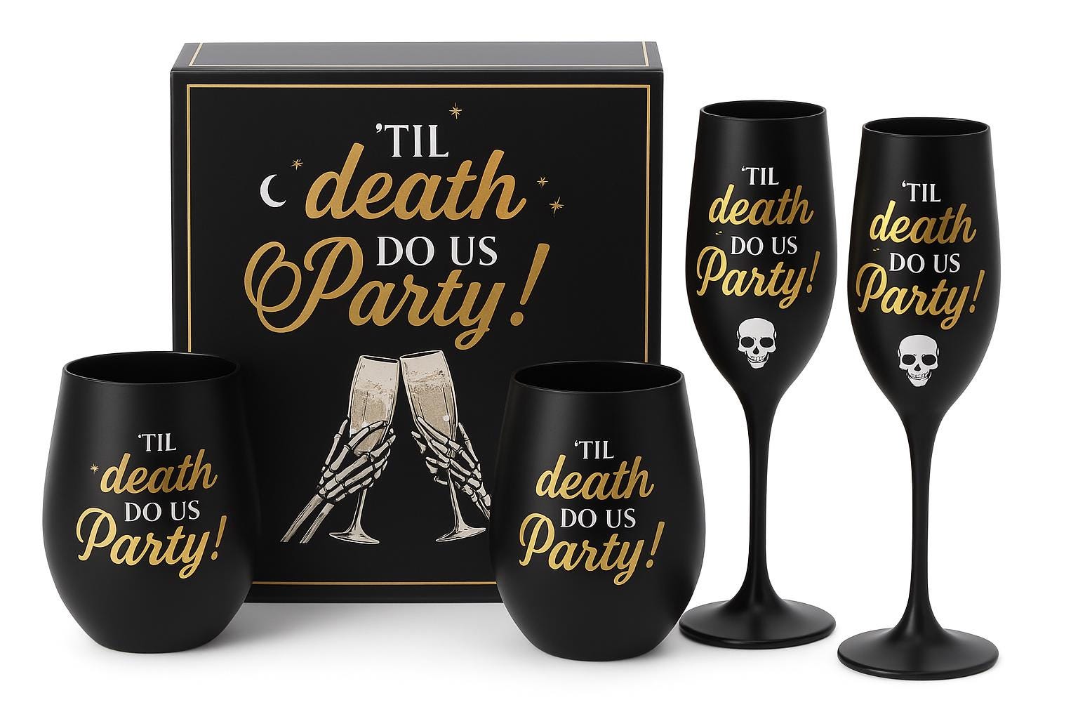 Til Death Do Us Party Glass Set | Champagne Flutes & Wine Glasses Pack