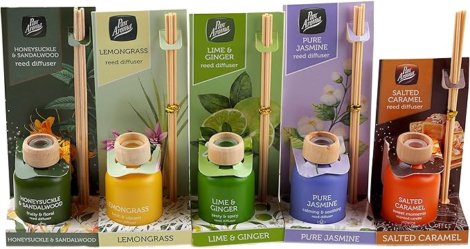 Pan Aroma 5 x 50ml Reed Diffusers, Sandalwood, Caramel, Lemongrass, Lime & Jasmine