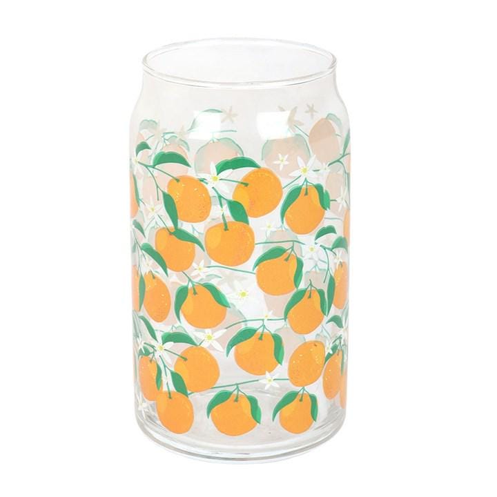 Orange Print Can Style Glass, Summer Orange Cup, Citrus Kitchen Decor, Iced Coffee Glass