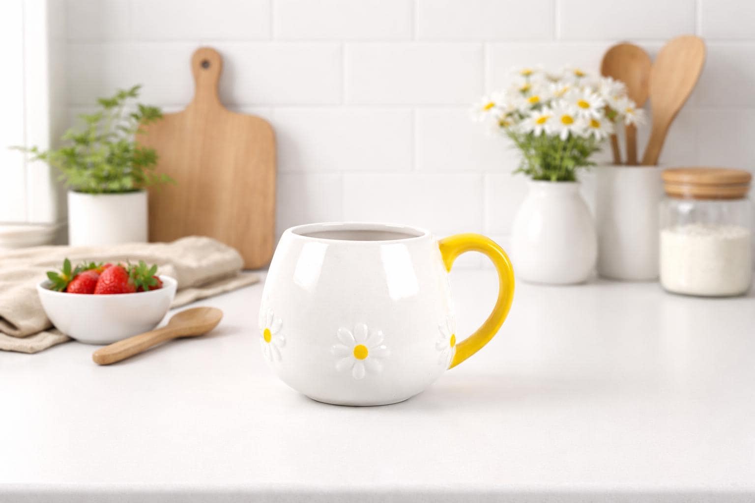 Ceramic Daisy Rounded Mug with Yellow Handle & Free Matching Coaster