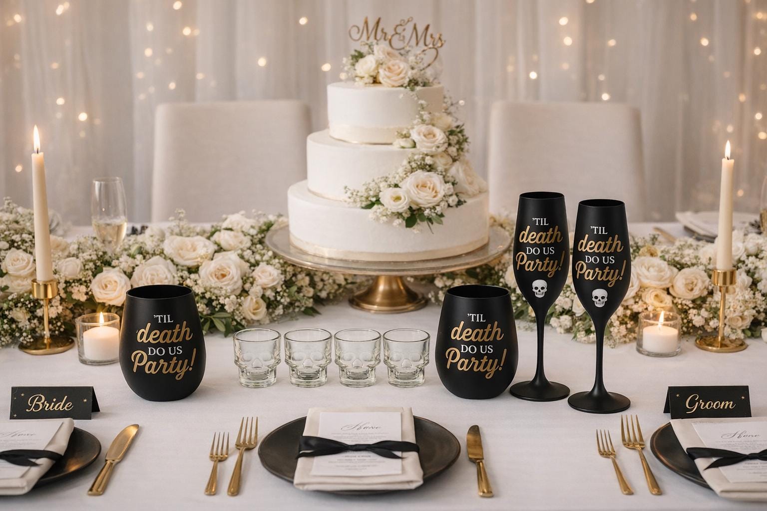 Til Death Do Us Party Glassware Gift Set | Champagne Flutes Wine Glasses & Skull Shot Glasses