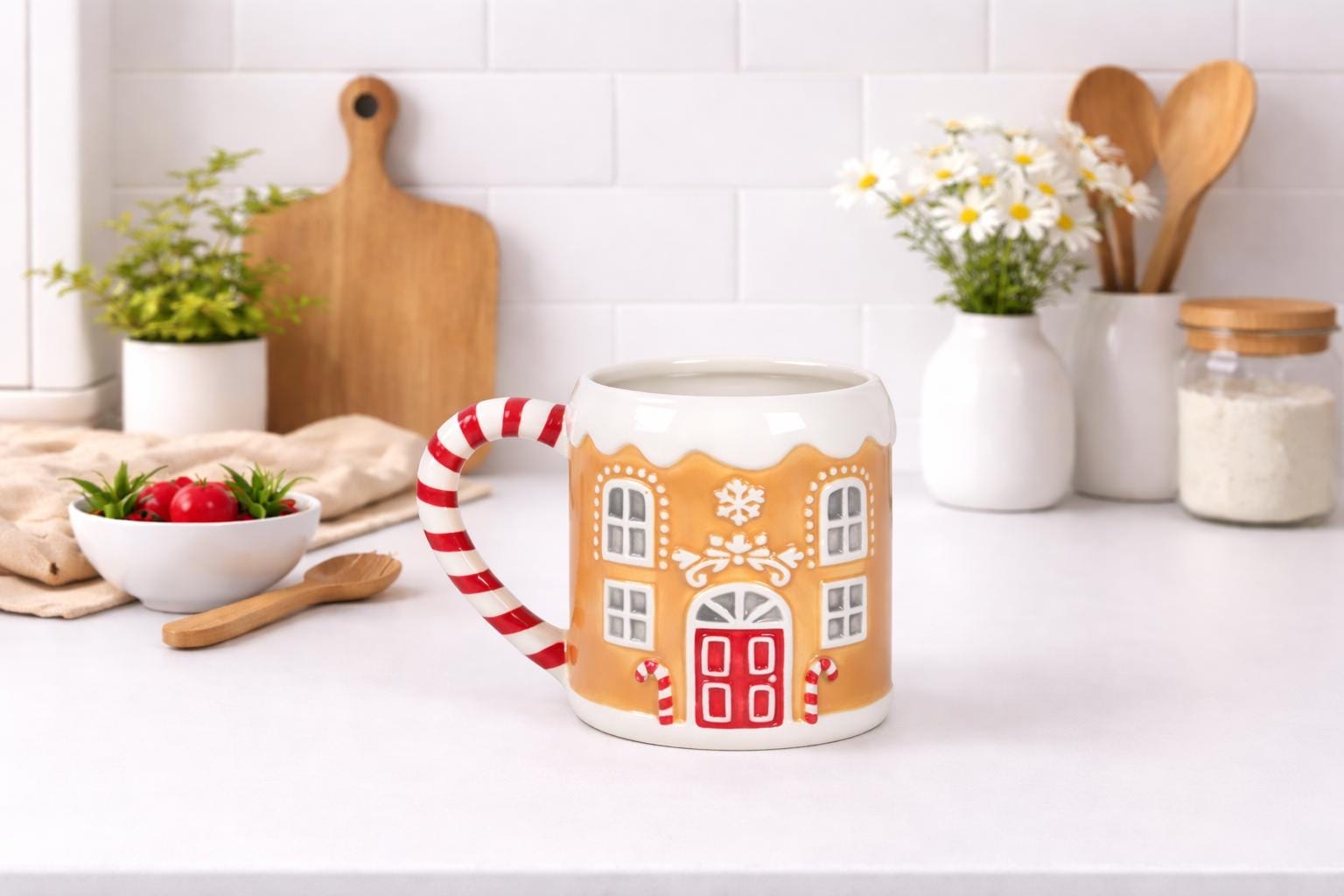 Gingerbread House Mug with Candy Cane Handle • Christmas Ceramic Mug • Festive Winter Drinkware
