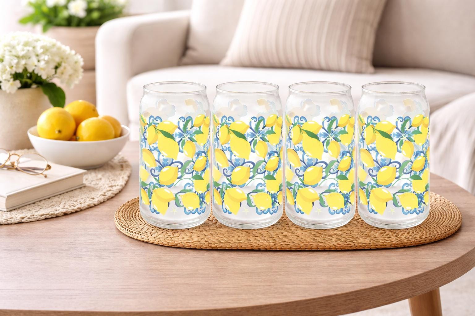 Set of 4 Lemon Print Can Glasses, Citrus Drinkware, Summer Iced Coffee Cups