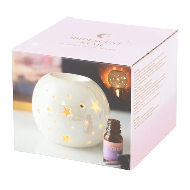White Iridescent Star Oil Burner & Wax Melter | Ceramic Wax Warmer with Cut-Out Stars | Relaxing Aromatherapy Gift