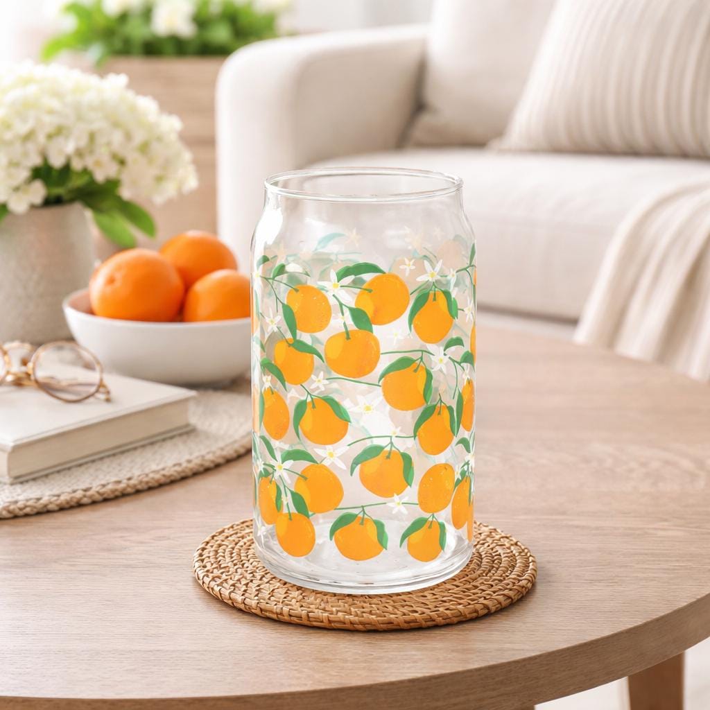 Orange Print Can Style Glass, Summer Orange Cup, Citrus Kitchen Decor, Iced Coffee Glass
