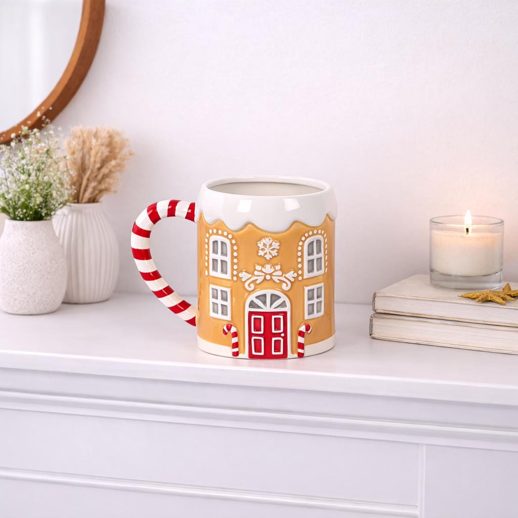 Gingerbread House Mug with Candy Cane Handle • Christmas Ceramic Mug • Festive Winter Drinkware