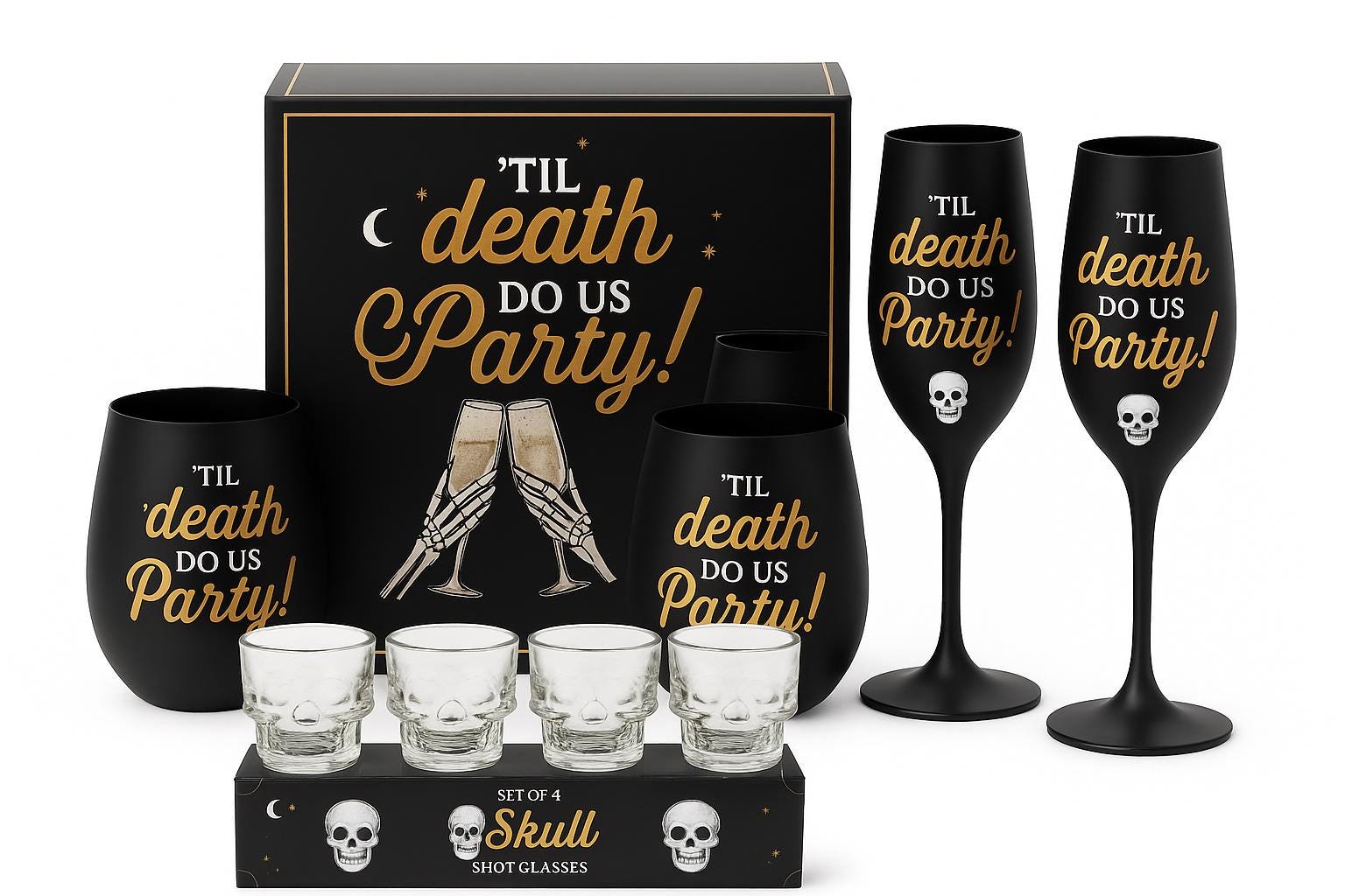 Til Death Do Us Party Glassware Gift Set | Champagne Flutes Wine Glasses & Skull Shot Glasses