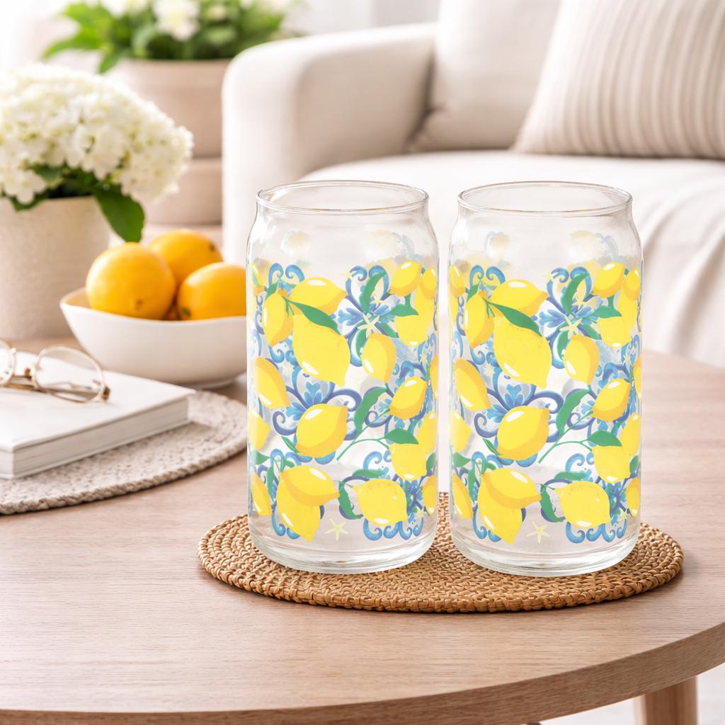Pair of Lemon Print Can Glasses, Citrus Drinkware, Iced Coffee Glass Set, Summer Kitchen Glass Cups
