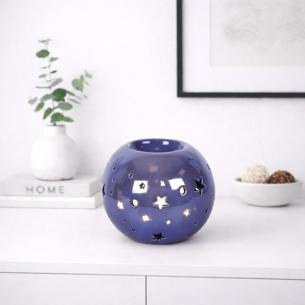 Purple Iridescent Star Oil Burner & Wax Melter | Ceramic Wax Warmer with Cut-Out Stars | Relaxing Aromatherapy Gift
