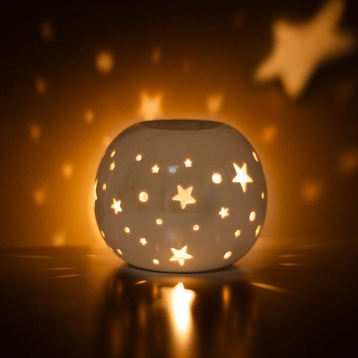 White Iridescent Star Oil Burner & Wax Melter | Ceramic Wax Warmer with Cut-Out Stars | Relaxing Aromatherapy Gift