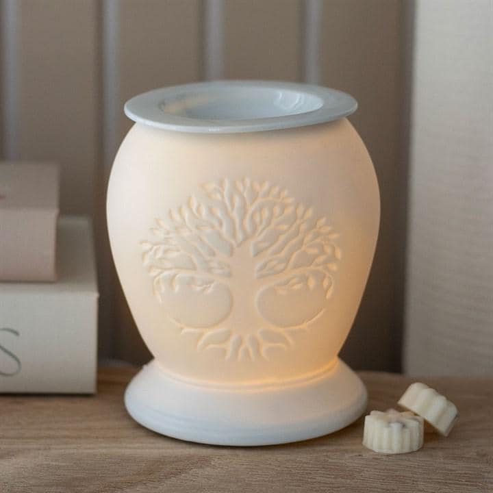 Tree of Life Electric Oil Burner – White Ceramic Wax Melt Warmer | Illuminated Spiritual Home Decor