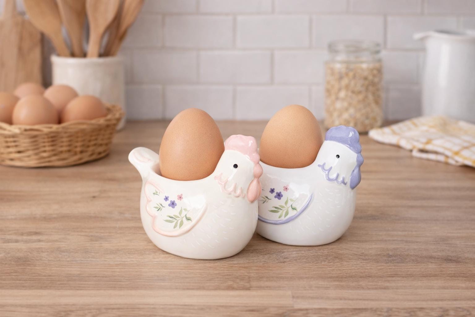 Pair of Ceramic Hen Egg Cups, Chicken Egg Holders, Farmhouse Breakfast Tableware, Kitchen Decor