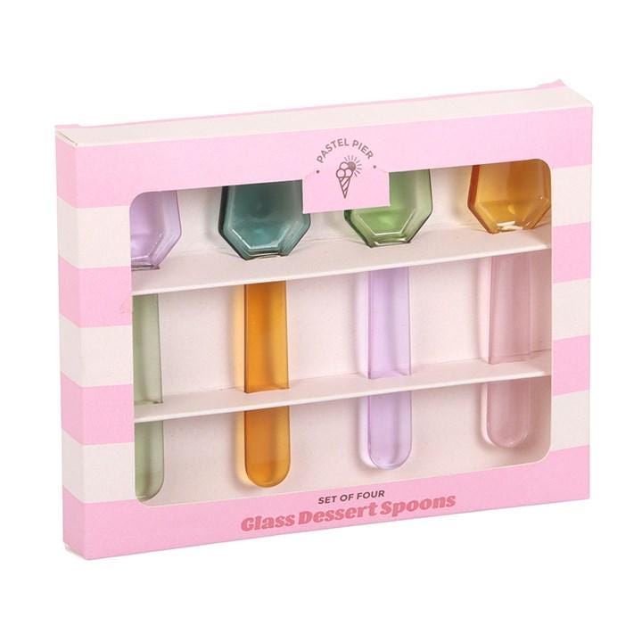 Set of 4 Pastel Glass Dessert Spoons | Colourful Ice Cream Spoons | Tableware Gift