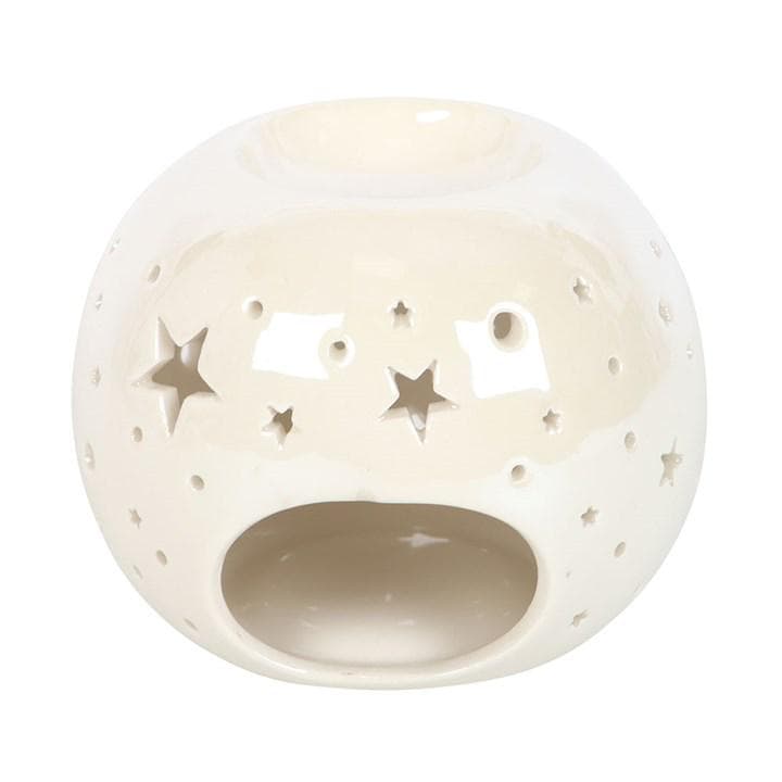White Iridescent Star Oil Burner & Wax Melter | Ceramic Wax Warmer with Cut-Out Stars | Relaxing Aromatherapy Gift