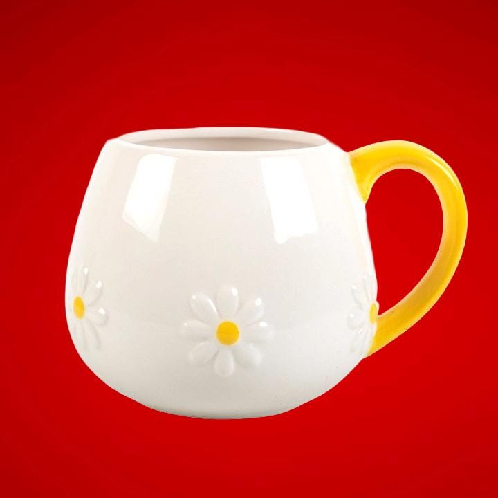 Ceramic Daisy Rounded Mug with Yellow Handle & Free Matching Coaster