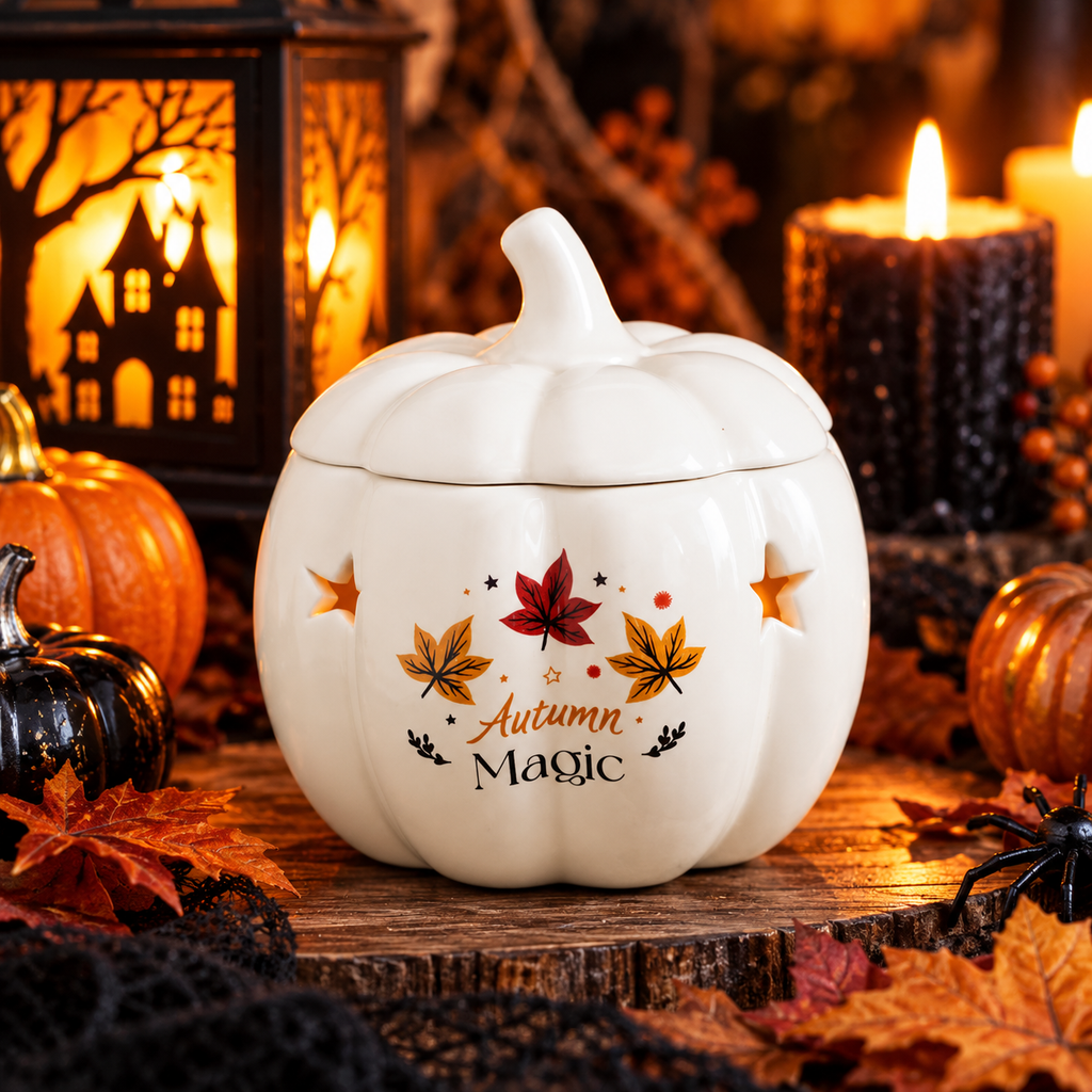Autumn Magic Pumpkin Oil Burner • Ceramic Pumpkin Wax Melt Warmer • Star Cutout