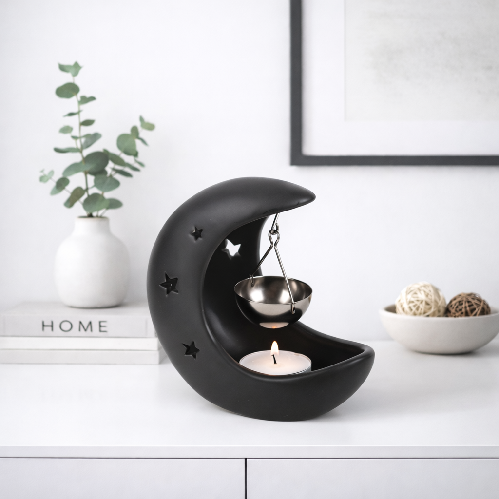 Black Crescent Moon Oil Burner with Hanging Dish | Celestial Aromatherapy Burner