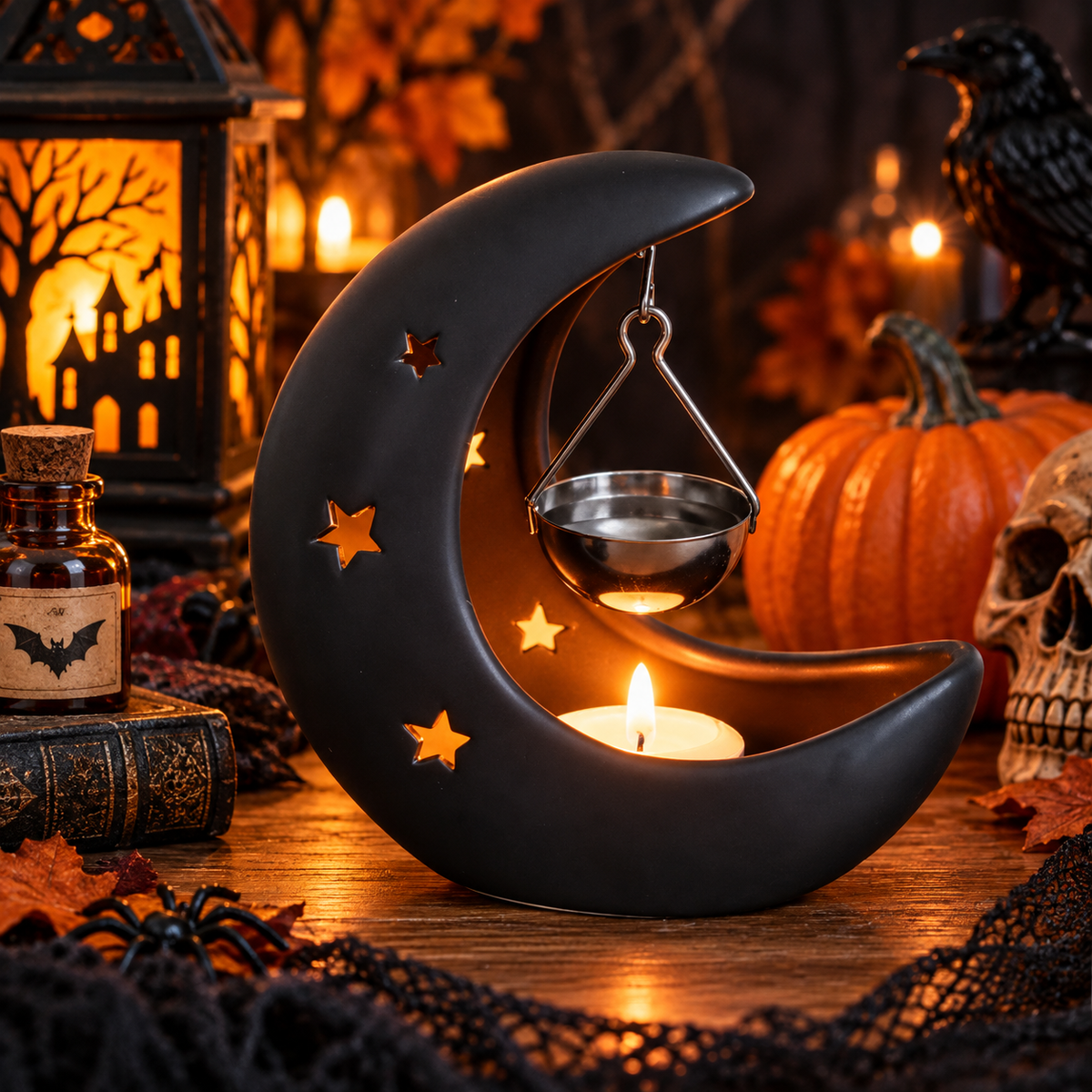 Black Crescent Moon Oil Burner with Hanging Dish | Celestial Aromatherapy Burner