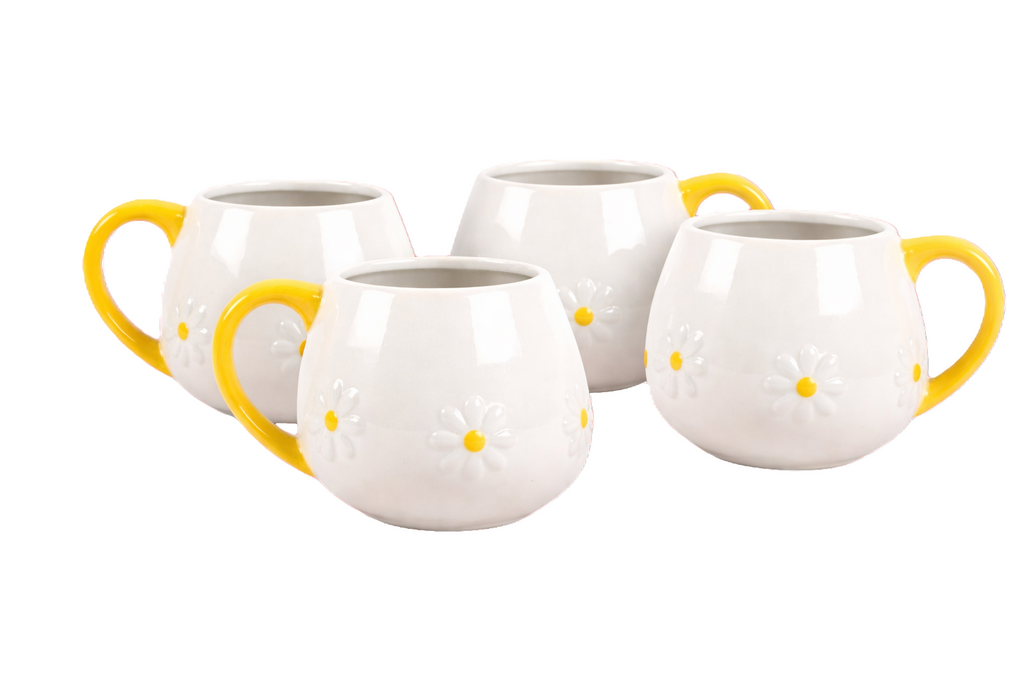 Set of 4 Daisy Rounded Mugs, Country Kitchen, Giftable
